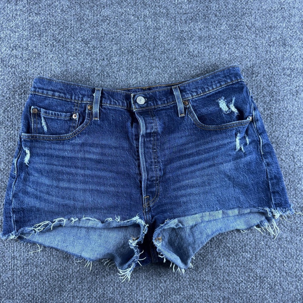 Levis 501 Denim Shorts Womens 34 Blue Distressed Button Fly Cut Off Frayed Hem
